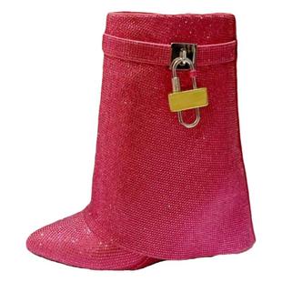 满钻高跟裤管靴裙边坡跟水钻短靴金属扣走秀舞台宴会表演大码银色