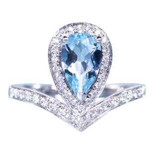 CHAMTUNT约瑟芬水滴海蓝宝戒指女白金纯银蓝宝石指环心形镶钻礼物