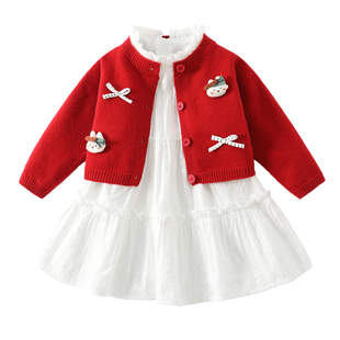 女童春装套装2026新款毛衣开衫连衣裙儿童装女宝宝春秋款公主裙子