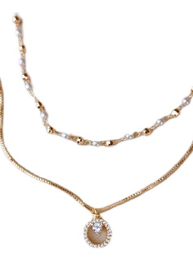 2024新款潮时尚双层珍珠项链小众设计高级感叠戴锁骨链几何颈链女