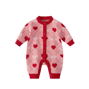 [抗菌远红外]纯棉婴儿毛衣连体衣秋冬哈衣红色满月女宝宝针织衣服