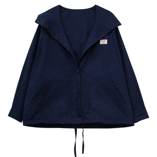 333sss 太好穿了!日系藏蓝棉质宽松轻薄衬衫式连帽外套女短款休闲