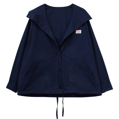 藏蓝棉质宽松轻薄衬衫式连帽外套