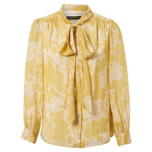 【桑蚕丝】La Koradior拉珂蒂春季新款法式系带领印花真丝上衣女