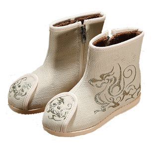 男童短靴汉服鞋加绒秋冬中国风古风古装表演小学生绣花鞋儿童布鞋