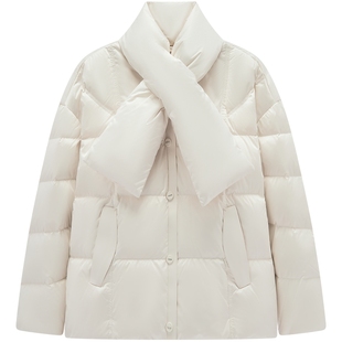 爱居兔缎面质感龟背短款羽绒服女2025年冬季新款可拆卸围巾领外套