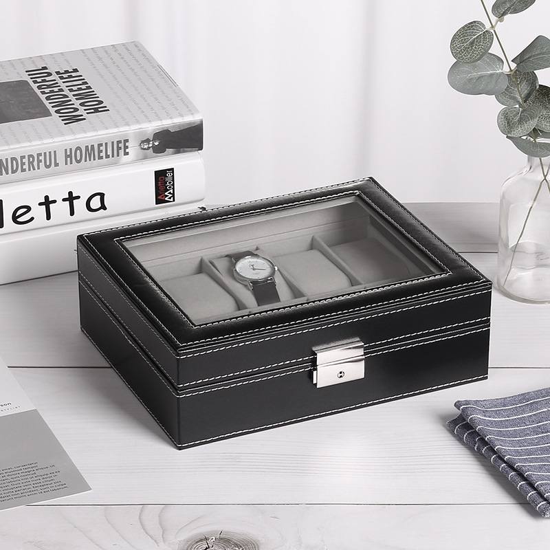 外贸热销PU皮高级感展示灰收纳盒透明手表内手表日10盒天窗位字扣
