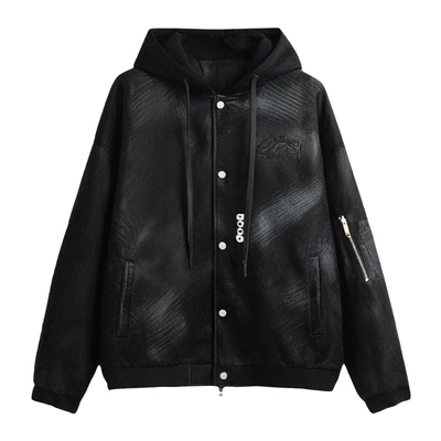 美式加绒夹克男生秋冬季新款青少年潮牌宽松加厚外套男装士上衣服