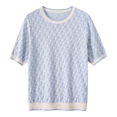 King Deer/鹿王春夏短袖圆领千鸟格提花针织衫桑蚕丝T恤L805047