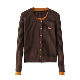 绵羊毛+桑蚕丝假两件撞色针织衫开衫女上衣内搭羊毛衫长袖外套女