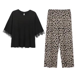 安之伴【巨柔软】睡衣女春秋季莫代尔棉五分袖夏款豹纹长裤家居服