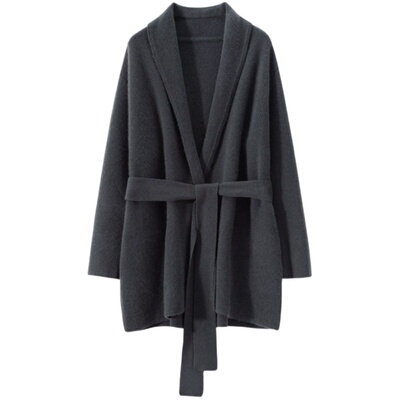 羊范加厚带腰带可翻领羊绒开衫