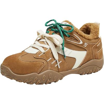 【鬼马少女】百思图25冬新款真皮厚底德训鞋加绒女毛毛运动休闲鞋