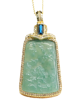 天然翡翠A货蓝水吊坠冰种吉祥山水牌玉石项链男女士百搭简约饰品