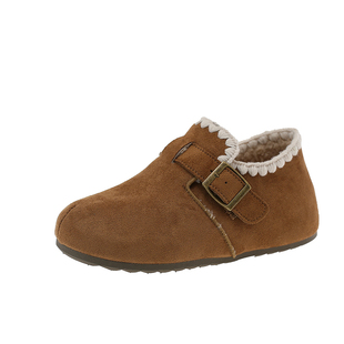 脚宽胖mm加绒勃肯鞋女宽松秋冬厚底内增高毛毛边皮带扣单鞋一脚蹬