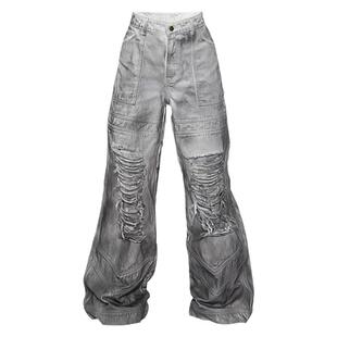 【AGD】RecoverZone设计美式复古拖地宽松水洗灰色阔腿牛仔裤长裤