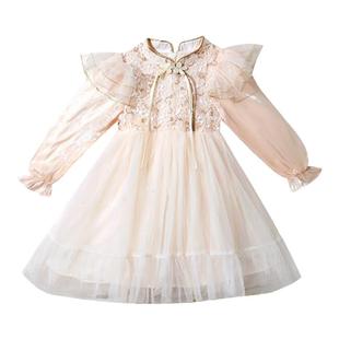 女童旗袍连衣裙春秋儿童高级感中式礼服冬季加绒小女孩公主纱裙子