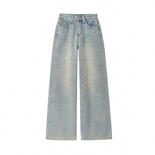 特大码今年流行的爆款女装满天星烫钻牛仔裤女胖mm显瘦阔腿长裤子