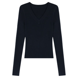 pusumede 素食主义 黑色v领针织长袖上衣女简约设计感修身打底T恤