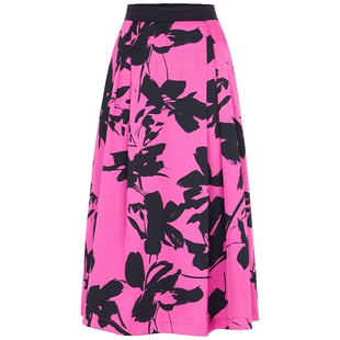 马天奴夏季新款女装玫红色半身裙夏装半截大摆印花长裙子下装时尚