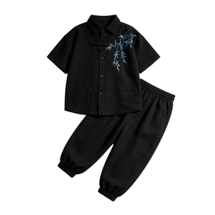 男童短袖衬衫套装夏季2026棉麻复古刺绣汉服中大童新中式国风夏装
