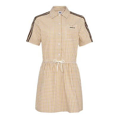 阿迪达斯三叶草女子2026夏时尚格子收腰翻领运动衬衫连衣裙KU9401