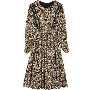 Oece冬装新款女装法式复古小碎花裙子蕾丝花边高腰长袖连衣裙