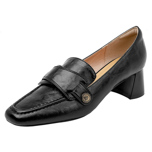 真皮乐福鞋女粗跟2026春秋新款方头复古不累脚工作小皮鞋中跟单鞋