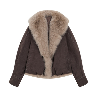 KBNE狐狸毛大毛领皮草外套女2025冬季新款麂皮绒皮毛一体毛毛外套