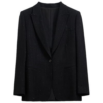 LANCY/朗姿2026春季新款气质通勤条纹亮片西装外套女收腰职业西服