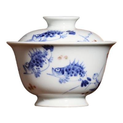 茶具小桥窑茶杯青花釉里红盖碗