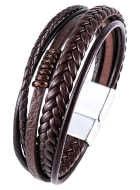 2025新款饰品牛皮绳编织皮男士手链高档合金磁扣皮手环男女手环链