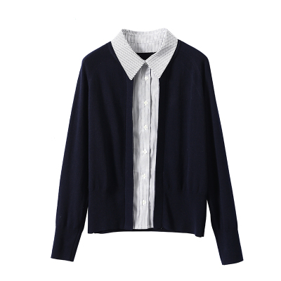 淘么淘 不平凡的型格 叠穿假两件桑蚕丝羊毛撞色条纹翻领针织开衫