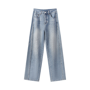 马克华菲满天星阔腿牛仔裤女2026春新款高腰显瘦小个子烫钻弯刀裤