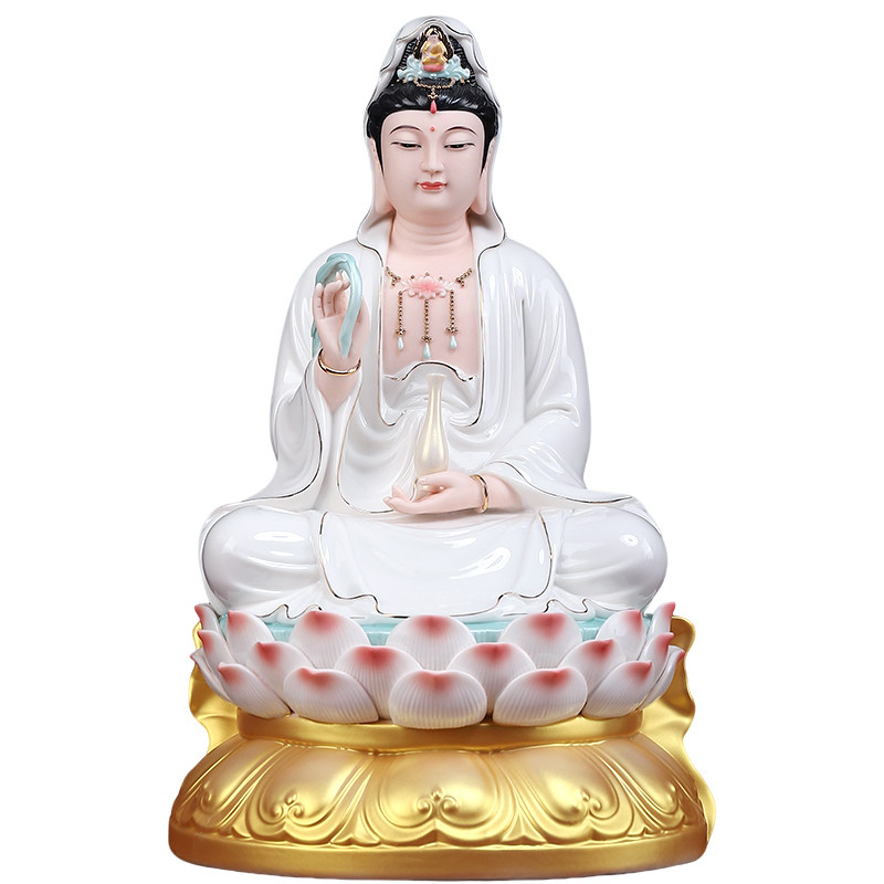 戴玉堂陶瓷《莲花正坐观音描金底彩》家用佛像供奉观世音菩萨摆件