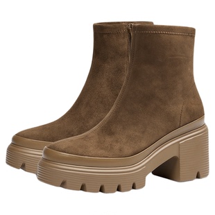 [王心凌同款]莎莎苏秋冬新款伯德袜靴粗跟法式短靴瘦瘦加绒弹力靴