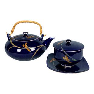 香兰社兰花茶具帝王蓝陶瓷茶杯茶壶日本进口盖杯盖碗一壶五杯整套