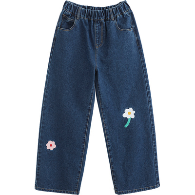 诺诺公主S1N初中生印花牛仔裤女2026春季青少年韩系弯刀阔腿裤子