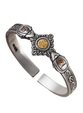 足银999古法镶金吉祥结手镯纯银男士银手镯开口潮流国风镯子首饰