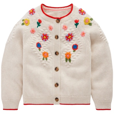 代购 MiniBoden儿童毛衣 26秋季女童米色刺绣纯棉针织开衫 2-12岁
