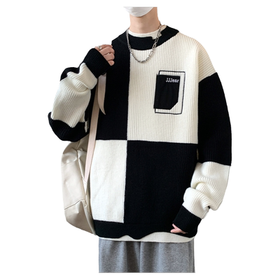 秋冬季拼接撞色假两件毛衣潮保暖