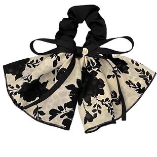 复古印花蝴蝶结水墨裙摆发圈头绳女高级感温柔优雅发绳飘带2024新