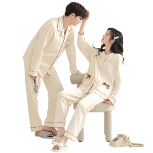 高档情侣睡衣纯棉长袖春秋款女士简约拉架棉男士可外穿家居服套装