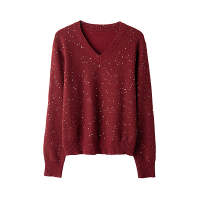 100%羊毛V领亮片羊绒衫女士