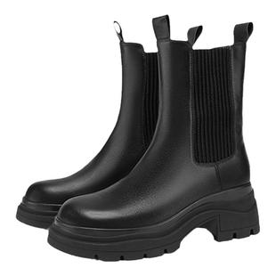 MIO米奥冬季靴子圆头中筒复古短靴厚底黑色切尔西靴潮流女靴