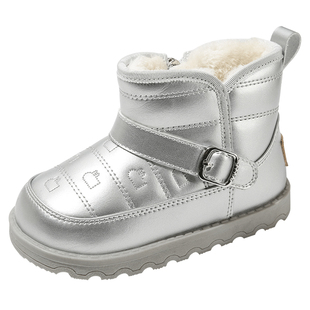 百丽童鞋加绒加厚保暖雪地靴男女童冬季时尚百搭小短靴软底宝宝靴