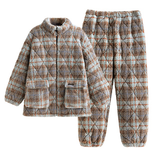 悦内睡衣女秋冬款冬季冬天珊瑚绒加绒加厚超厚三层夹棉家居服保暖