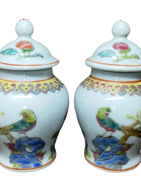 手绘粉彩锦鸡牡丹4.5英寸将军罐