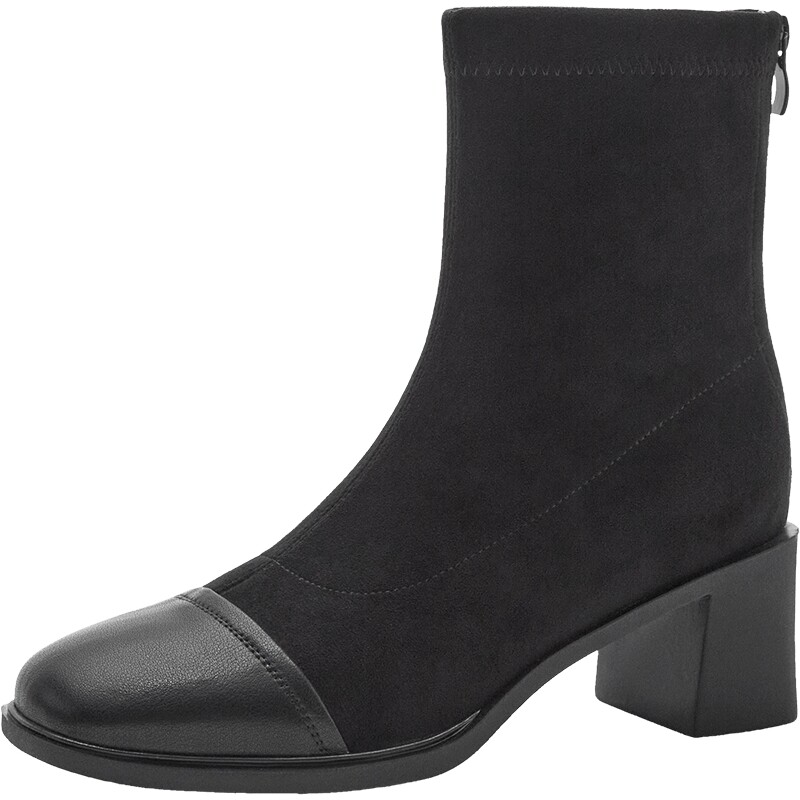 森达加绒弹力靴女2026冬新舒适粗跟时装靴休闲中筒瘦瘦靴66611DZ6