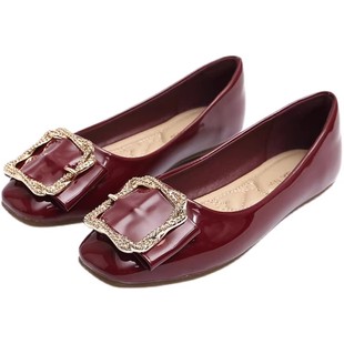 酒红色单鞋女春韩版百搭平底豆豆鞋浅口工作小皮鞋小码船鞋34-42